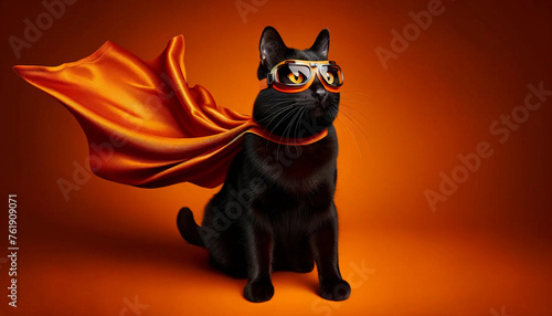 A black cat wearing orange goggles and superhero cape against a matching background