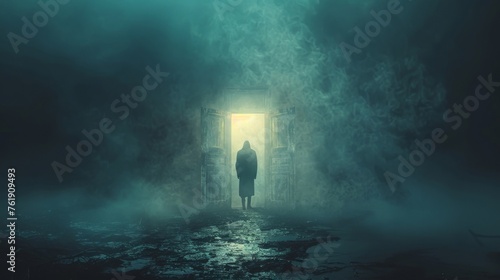 A mysterious figure opening a door to reveal a distorted and twisted version of reality hinting at the dangers of meddling with different dimensions. photo