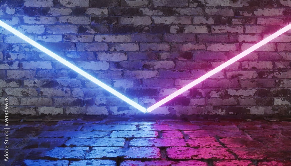 Close up of Glowing neon light Modern futuristic neon lights on old grunge brick white glowing in the dark, pink blue neon light, 3d render, background with arrows