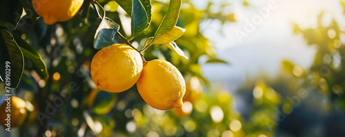 Yellow lemons on the lemon tree branches in a beautiful sunny day photo