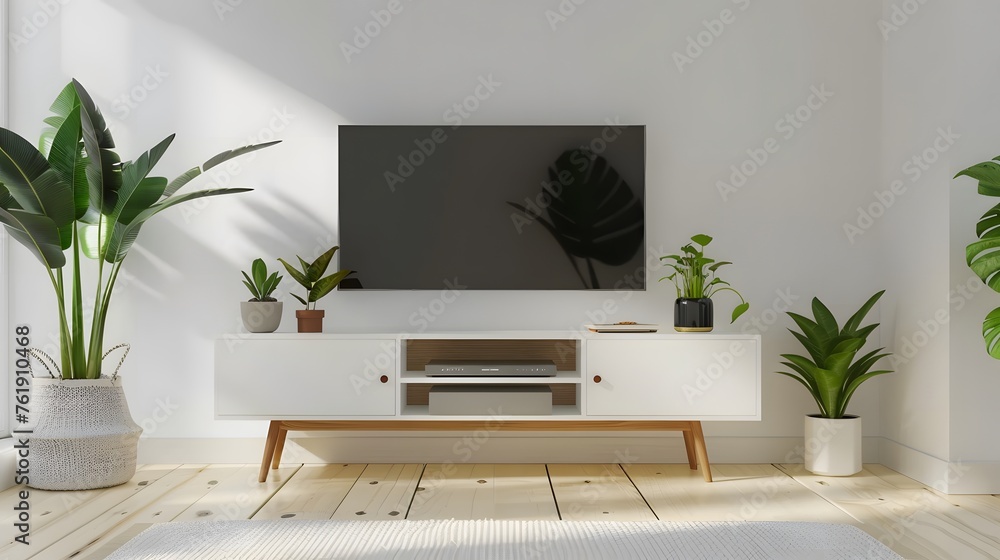 Interior mock up living room. cabinet for TV or place object in modern living room with lamp,table,flower and plant Interior mock up living room. cabinet for TV or place object in modern living room with lamp,table,flower and plant