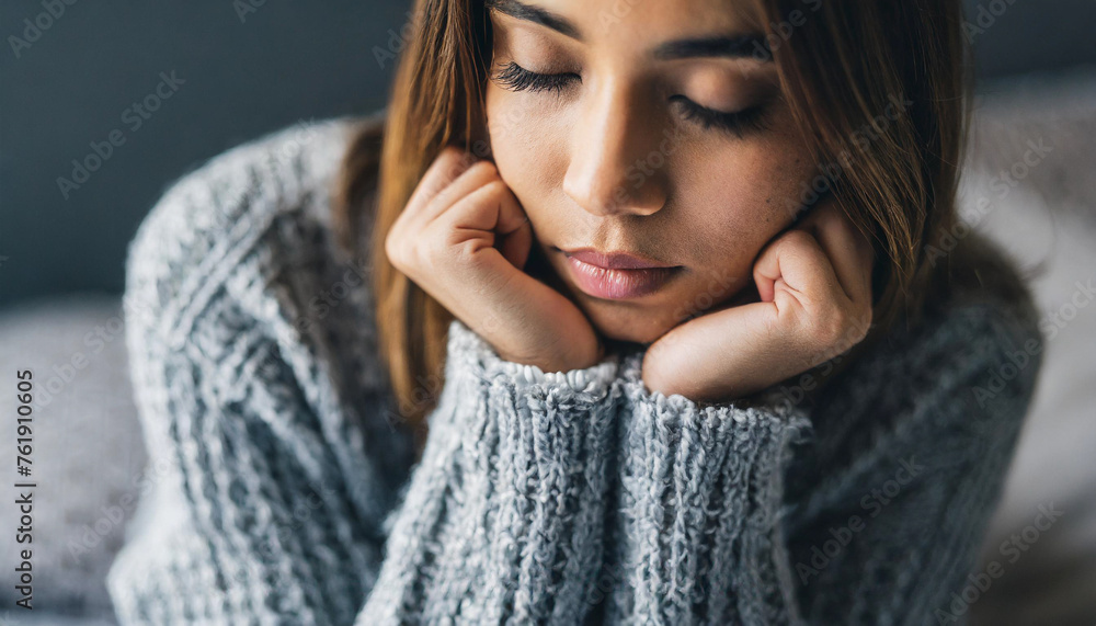 Depressed young woman in knit sweater, symbolic of loneliness & stress, holds her lower chest in despair Depressed young woman in knit sweater, symbolic of loneliness & stress, holds her lower chest in despair