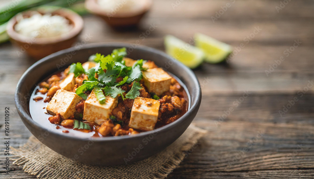 Mapo tofu in bowl on wooden table, symbolizing delicious Asian cuisine, spicy comfort food, cultural fusion. Copy space available Mapo tofu in bowl on wooden table, symbolizing delicious Asian cuisine, spicy comfort food, cultural fusion. Copy space available