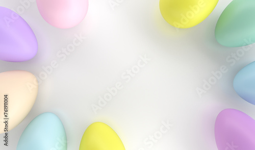 Holiday Easter background of colorful pastel Easter eggs and bunny ears on white table top view
