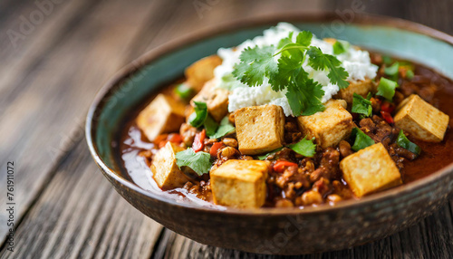 Mapo tofu in bowl on wooden table, symbolizing delicious Asian cuisine, spicy comfort food, cultural fusion. Copy space available