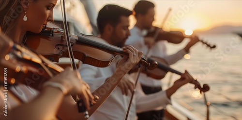 The tranquil waters around the yacht serve as the perfect backdrop for a musical ensemble who are skillfully plucking strings and blowing wind instruments to produce a symphony