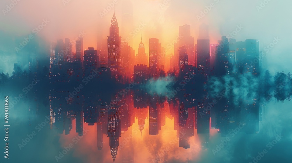 Fototapeta premium A reflection of a city skyline with buildings and their inverted images intertwining symbolizing the blurring of boundaries between city and nature.