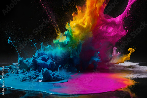 Spills of multicolored metallic dye mixing and spreading on black background