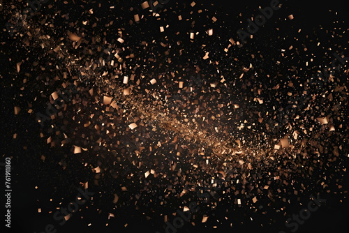 Rose gold falling particles on black background