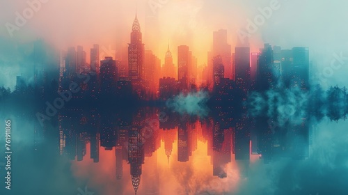 A reflection of a city skyline with buildings and their inverted images intertwining symbolizing the blurring of boundaries between city and nature.