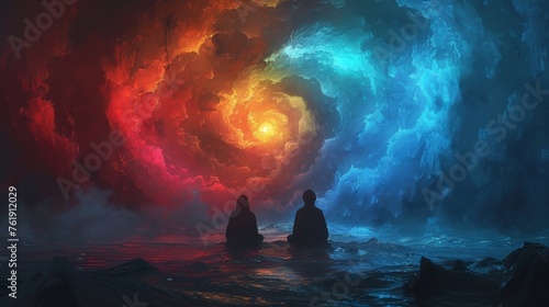 Two people sitting across from each other with their eyes closed their heads surrounded by a vortex of swirling colors depicting the intense focus and concentration required