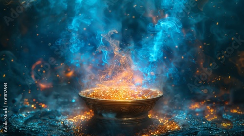 A closeup of smoke rising from a cauldron with the Philosophers Stone resting inside depicting the alchemical process of transformation and spiritual tranation. photo