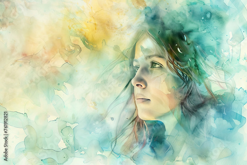 Ethereal Musings. Pastel watercolors create a dreamlike portrait of a woman, her contemplative gaze and fluid hair merging with an abstract backdrop.