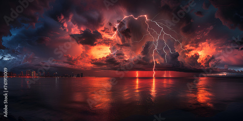 Bright lightning in a raging sea A strong storm in the ocean and clouds on the earth Dramatic sky dark night, thunderstorm, majestic mountains of clouds and power of raging nature Raster illustration.