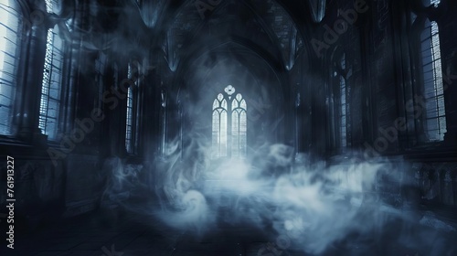 Abstract renaissance gothic hall with dark atmosphere, smoke, and dramatic light effects