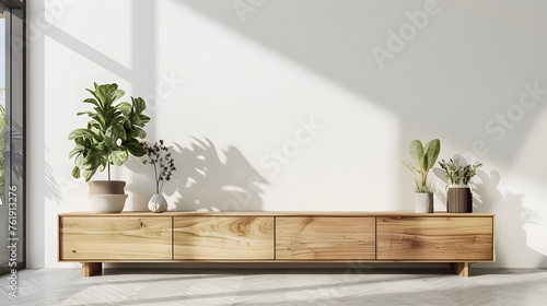 Interior mock up living room. cabinet for TV or place object in modern living room with lamp,table,flower and plant © irawan