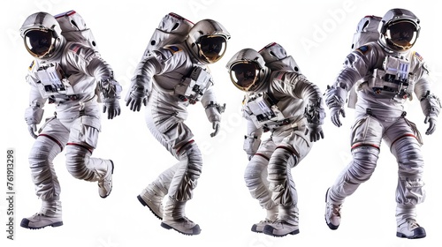 Astronaut collection, various poses of a space explorer isolated against a stark white backdrop, ready for adventure