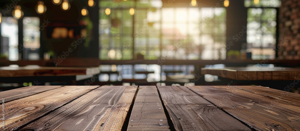 Empty wooden table top with a blurred coffee shop and restaurant interior background, suitable for showcasing or combining your products. Empty wooden table top with a blurred coffee shop and restaurant interior background, suitable for showcasing or combining your products.