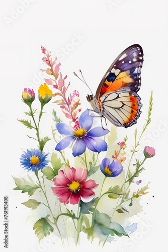 Butterfly on colorful flowers, watercolor illustration, isolated on white background