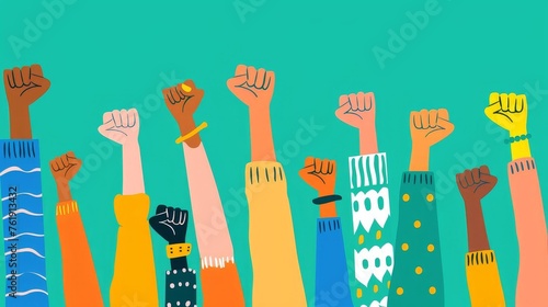 Colorful illustration of diverse group raising hands in unity for human rights advocacy concept