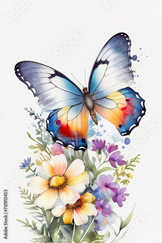Watercolor butterfly with flowers isolated on white background. Hand drawn illustration. © Thachakrit