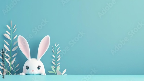 Curious Bunny Peeping Out of Blue Wall, Springtime Easter Celebration Banner Concept Illustration