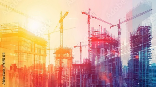 Futuristic building construction project with engineering and technology overlay, symbolizing progress and innovation in civil infrastructure, double exposure graphic design