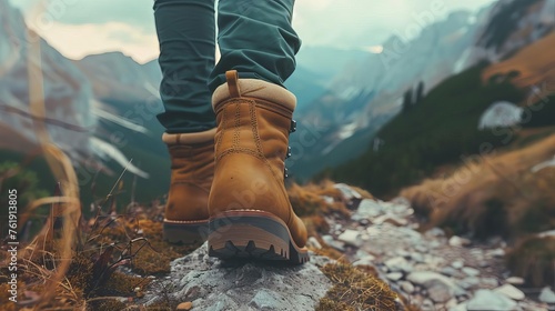 Hiker's leather boots in motion on scenic mountain trail with determination and adventure