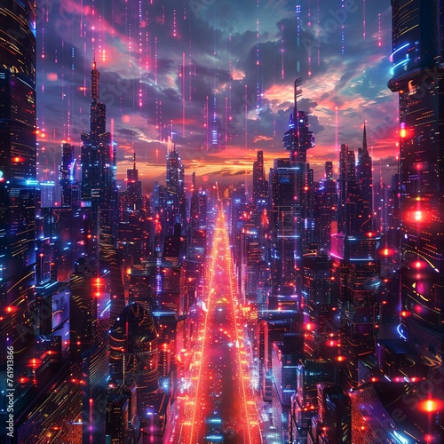 Futuristic city, neon lights, advanced technology, merging with alternate realities, blurring boundaries of existence, Realistic, Backlights, HDR