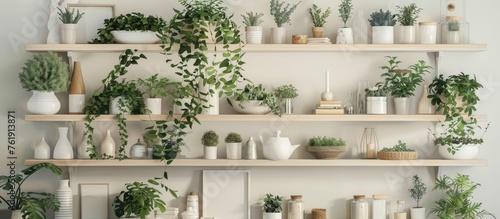 Decorative items and greenery displayed on wall-mounted storage units