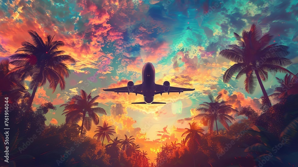 Majestic Airplane Soaring Above Tropical Palm Trees at Sunset, Wanderlust-Inspiring Travel and Vacation Concept, Vibrant Digital Painting - obrazy, fototapety, plakaty 