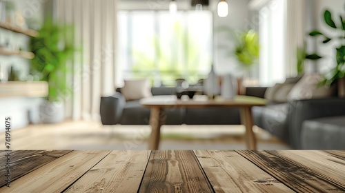 Modern Living Room with Elegant Wooden Table, Blurred Interior Design Background