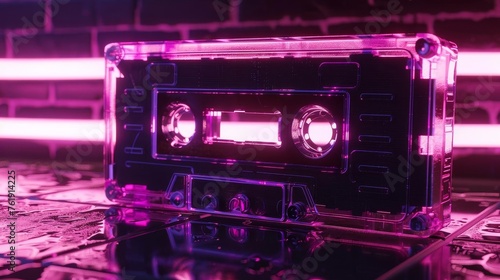 Neon Cassette Tape Glowing in the Dark, 90s Nostalgia and Retro Music Concept, 3D Illustration
