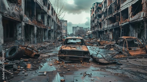 Post-Apocalyptic Ruined City with Destroyed Buildings and Burnt-Out Vehicles, Dystopian Scene © Jelena