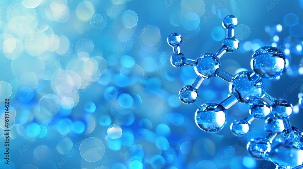Science concept with blue molecular structures and liquid serum background, symbolizing research and innovation Science concept with blue molecular structures and liquid serum background, symbolizing research and innovation