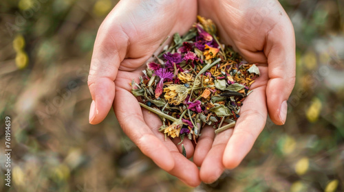 A pair of hands holding a bundle of dried herbs and flowers used in traditional Chinese medicine to create healing herbal blends and teas. The caption reads The power of nature © Justlight