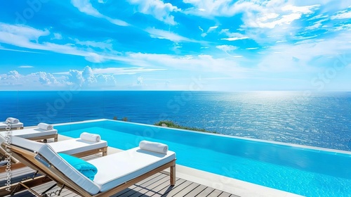Tranquil Sea View from Luxury Hotel Balcony  Infinity Pool and Sunbeds Travel Photography