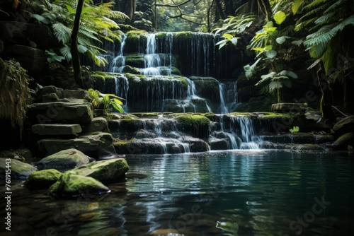 Waterfall cascading in lush forest with rocks and trees