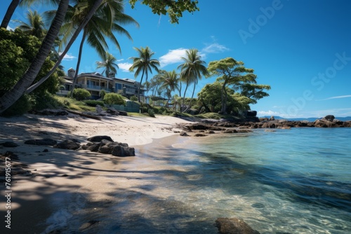 Sunny beach with palm trees and house by water, under blue sky
