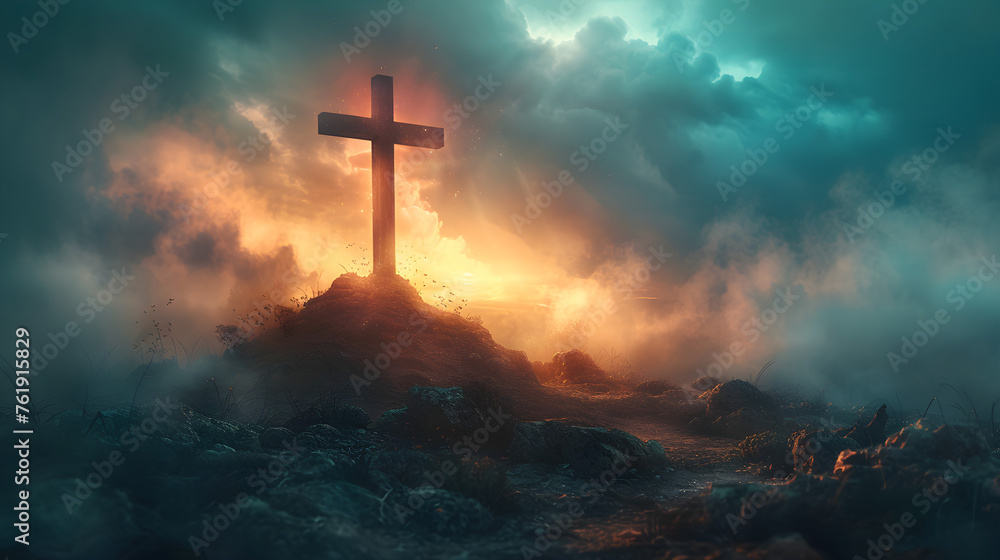 Holy cross symbolizing the death and resurrection of Jesus Christ with the sky over Golgotha hill shrouded in light and clouds, representing the concept of apocalypse. - obrazy, fototapety, plakaty 