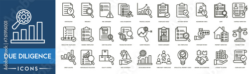 Due diligence icon. Investigation, Research, Risk Assessment, Legal Examination, Financial Analysis, Compliance Check, Document Review, Background Check, Audit and Contract Inspection icon set.