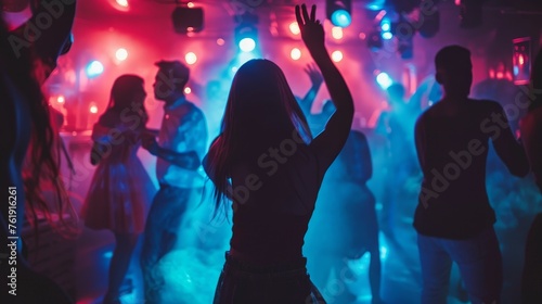 photography of a crowd of people dancing in a club in the night with loud music and colorful bright lights. having fun and enjoying each other. wallpaper background 16:9