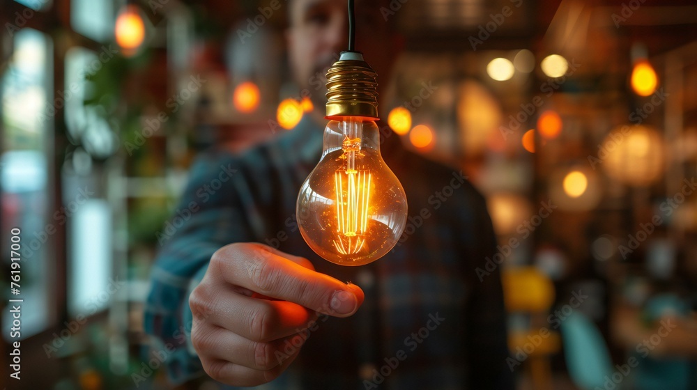 A man is holding a light bulb up to his face A man is holding a light bulb up to his face