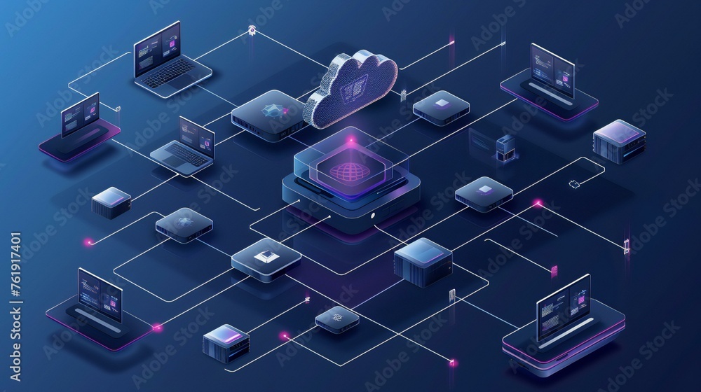A computer network is shown with many different devices connected to it A computer network is shown with many different devices connected to it