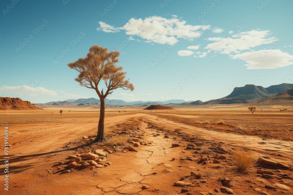 A lone tree stands tall in the barren desert landscape
