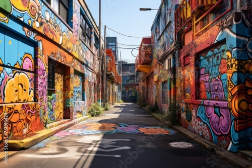 Vibrant graffiti adorns narrow alleyway in urban neighborhood © yuchen