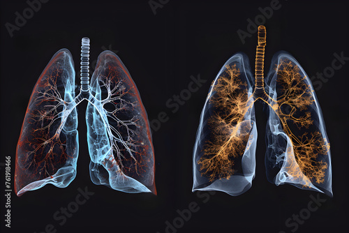 Creative comparative image featuring side-by-side MRI scans of healthy lungs and those of a habitual smoker, emphasizing the stark contrasts in tissue health, Lung disease. Smoker affected. PM 2.5  photo
