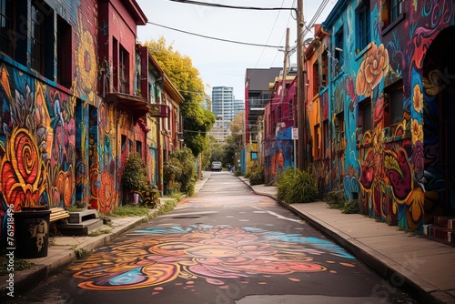 Colorful buildings with graffiti on narrow thoroughfare in urban neighborhood