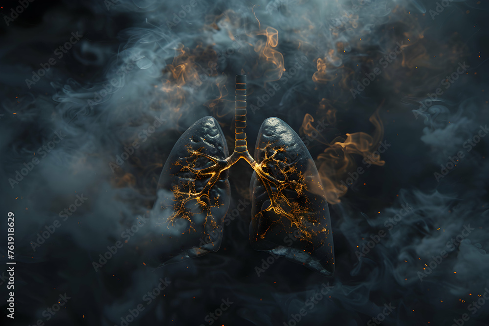 MRI scan of a smoker's lungs set within a dark, moody atmosphere, focusing on the damaged areas