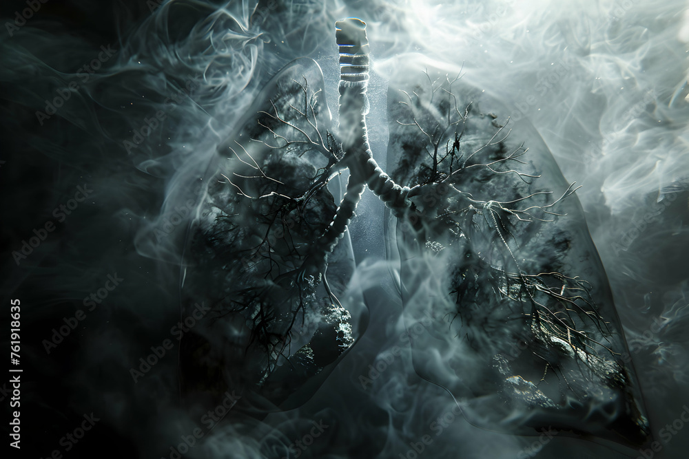 MRI scan of a smoker's lungs set within a dark, moody atmosphere, focusing on the damaged areas